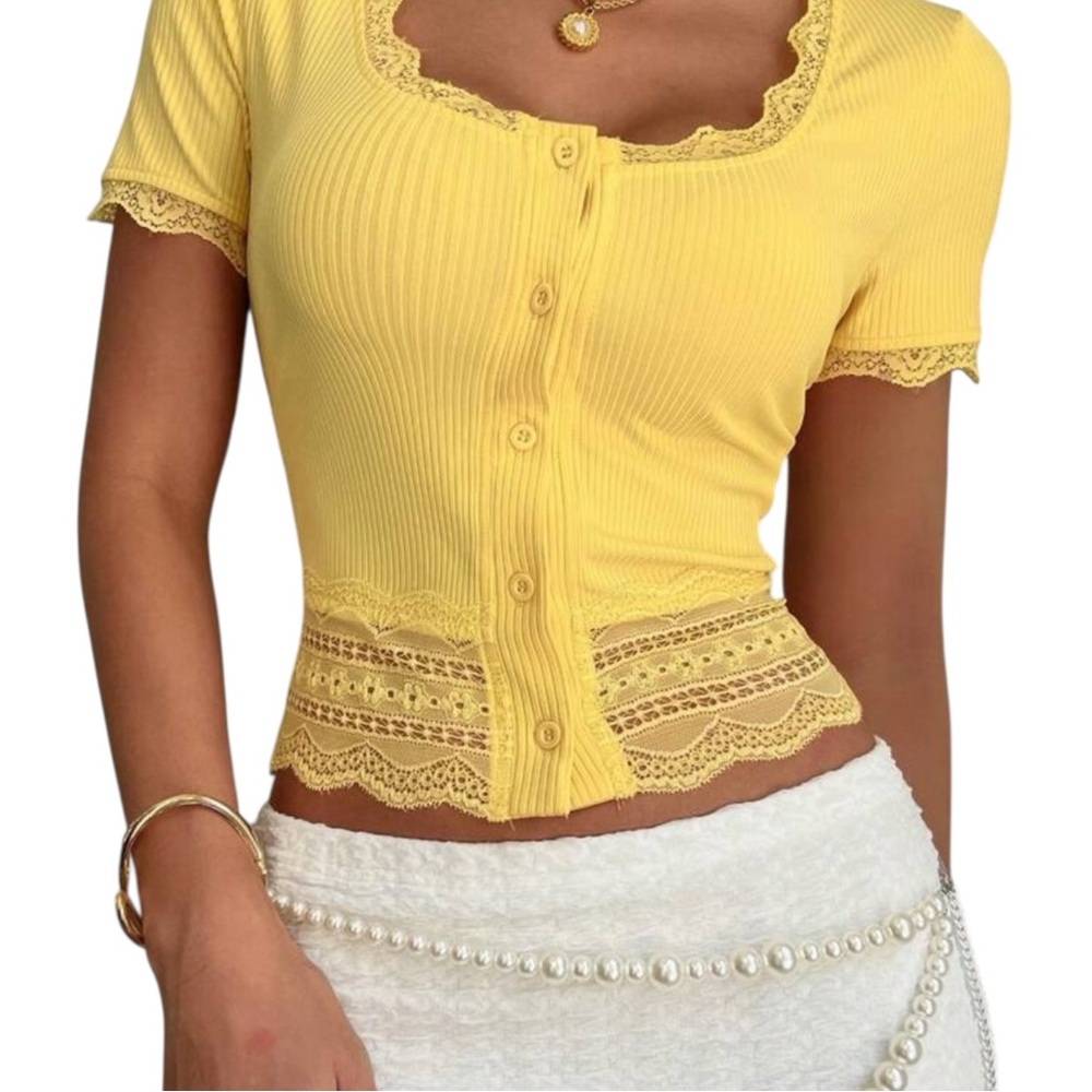 Yellow Lace-Trim Ribbed Crop Top - Picture 5 of 8